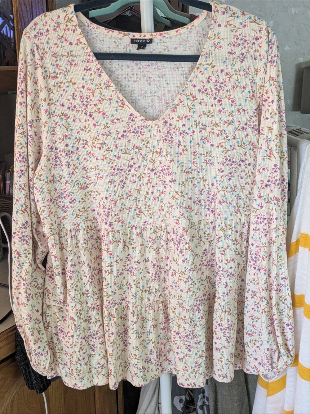 Torrid Cream Floral Knit V-Neck Babydoll Top